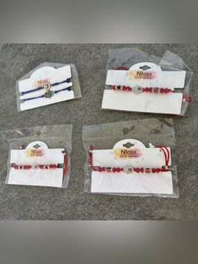 NEW Nicole EVIL EYE HAMSA Red Blue Bead Cord Bracelet Anklet Silvertone Set of 5